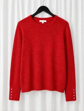 LOFT Marled Red Wool Blend Pearl Button Cuffs Lightweight Pullover Sweater